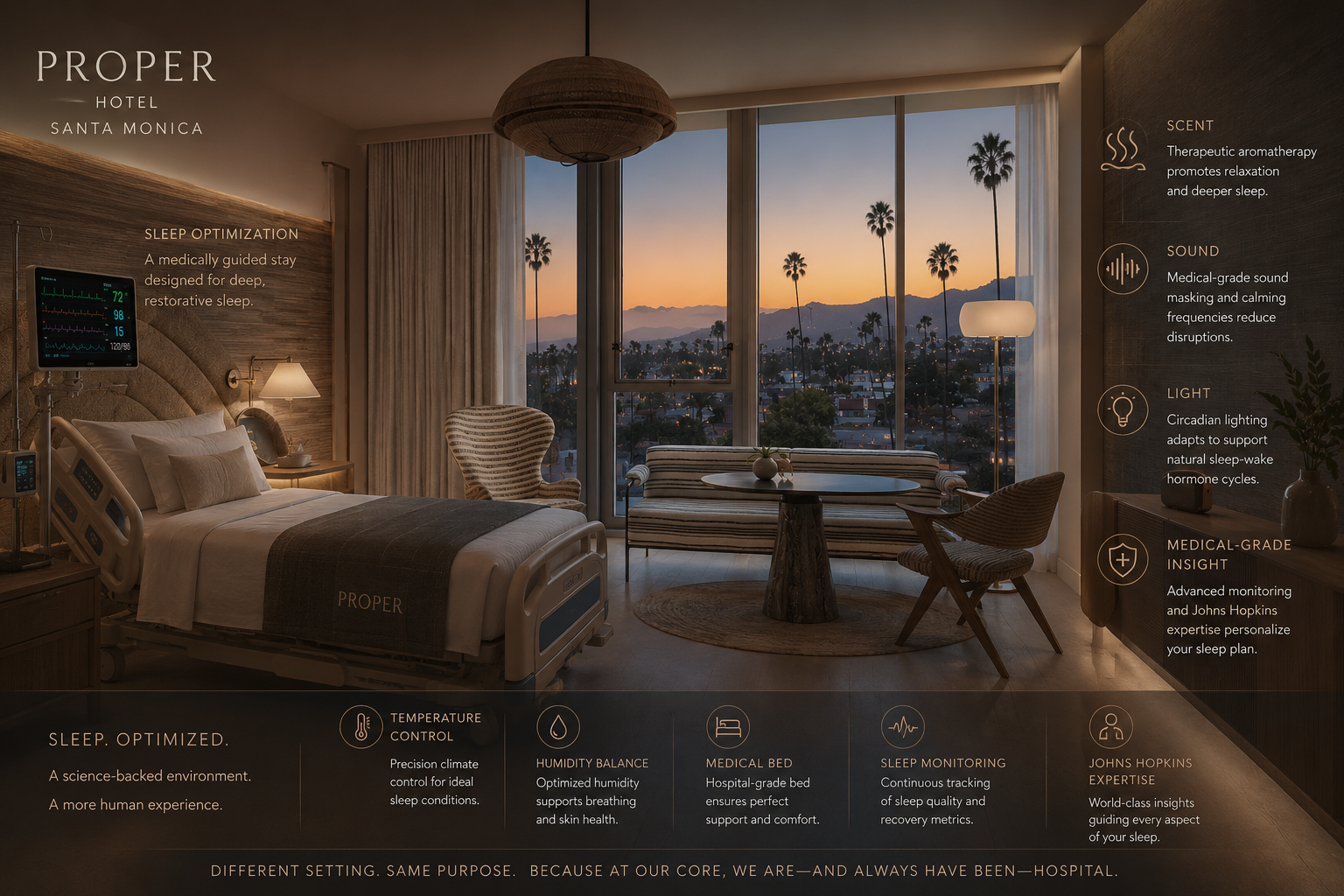 Annotated Coherence Recovery Suite at Santa Monica Proper at dusk showing scent, sound, circadian light, clinical instrumentation, temperature, humidity, designed sleep surface and overnight monitoring