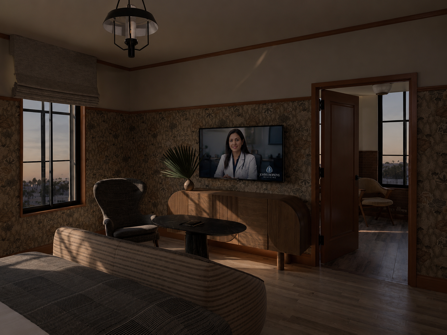 Coherence Recovery Suite at dusk with a Johns Hopkins Medicine recovery specialist on a live telehealth session on the in-room screen