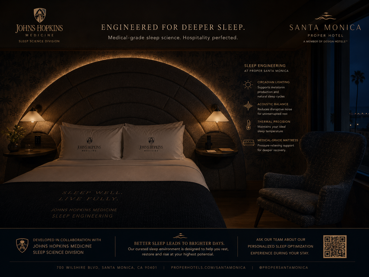 Sleep design room at Santa Monica Proper: an arched backlit headboard, Johns Hopkins Medicine pillows and coastal night window, annotated with circadian lighting, acoustic balance, thermal precision and a medical-grade mattress