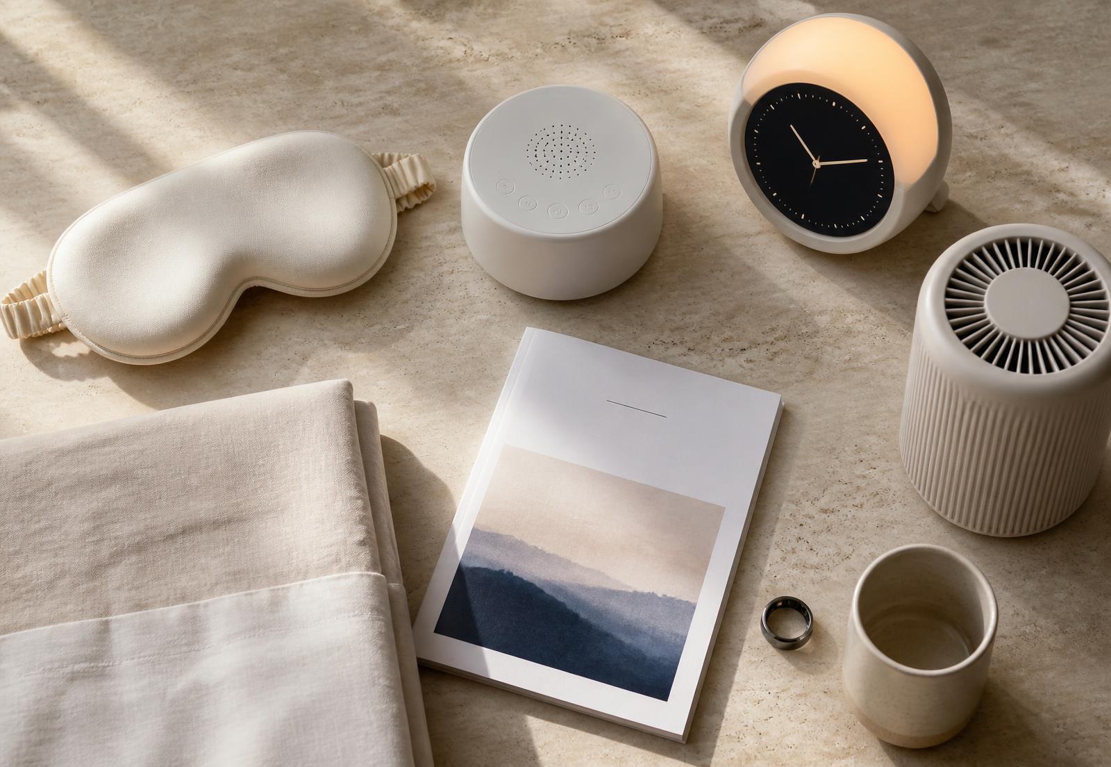 Coherence Recovery Kit components arranged on a travertine surface: light-blocking mask, acoustic device, circadian lamp, air purifier, linen and a printed recovery blueprint