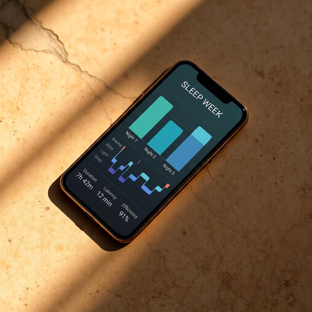 A smartphone with a dark screen lying face up on travertine in warm low light