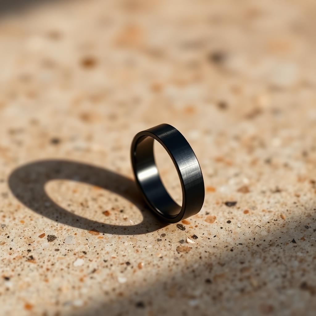 A matte black smart ring resting on a travertine surface in warm low light