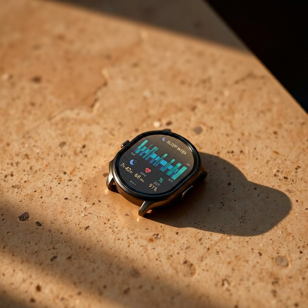 A smartwatch with a dark screen lying on travertine in warm low light